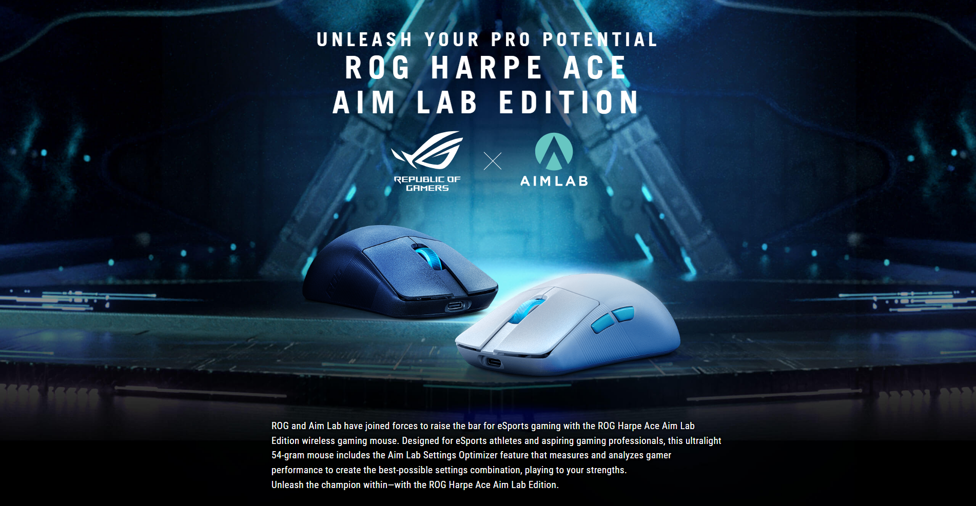 A large marketing image providing additional information about the product ASUS ROG Harpe Ace Wireless Gaming Mouse - Aim Lab Edition - White - Additional alt info not provided